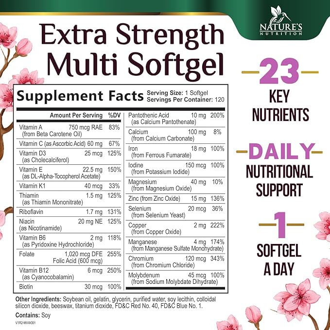 Multivitamin for Women with Iron, Calcium, Zinc, Vitamin A, C, D, E, & B Vitamins for Bone, Skin & Immune Health Support, Nature's Daily Womens Multivitamins for Women's Energy & Health, 120 Softgels