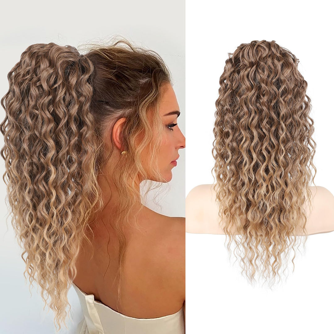 SEIKEA Ponytail Extension, PT005 Isabella 18" Long Bohemian Curly Drawstring Ponytail Light Fluffy Multi Layered Clip in Hair Extensions Ponytail Natural Soft Synthetic Hairpiece Brown to Blonde