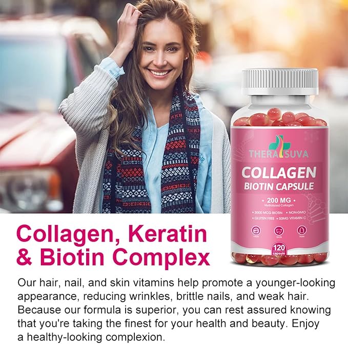 Multi Collagen Complex 200MG + Biotin 3000MCG + Vitamin C 50MG Per Serving! Promotes Healthy Hair, Beautiful Skin, and Nail Support! 120 Capsules, 60 Day Supply