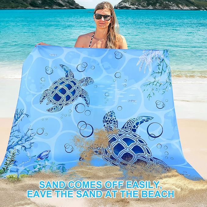 Beach Blanket, Sandproof Beach Mat 79" X 82" for 4-7 Adults, Large Waterproof Beach Blanket Quick Drying Lightweight Beach Blanket with 4 Stakes for Travel Camping Hiking (Sea Turtle)