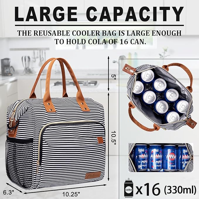 TuErCao Lunch Bag Women Insulated Lunch Box for Work Leakproof Soft Cooler for Picnic Travel Road Trips, Loncheras para Mujer Adult, Stripes