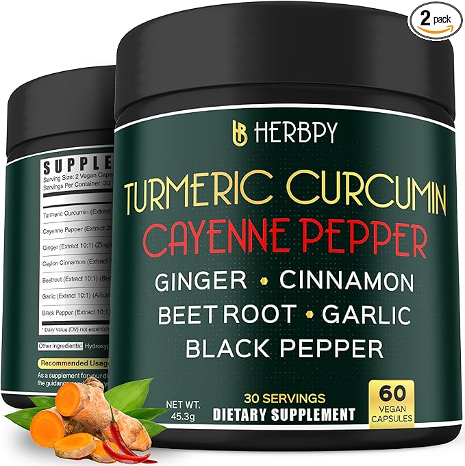 7in1 Turmeric and Cayenne Pepper Supplement - Digestion, Immune, Brain & Heart Health Support with Ceylon, Ginger, Garlic, Beetroot - 2Pack60