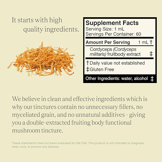 Cordyceps Mushroom Extract - Double Extracted Fruitbody Mushroom Tincture | Natural Support for Stamina, Endurance, Oxygen Uptake, Cardiac Function, Respiratory Health (60 Servings)