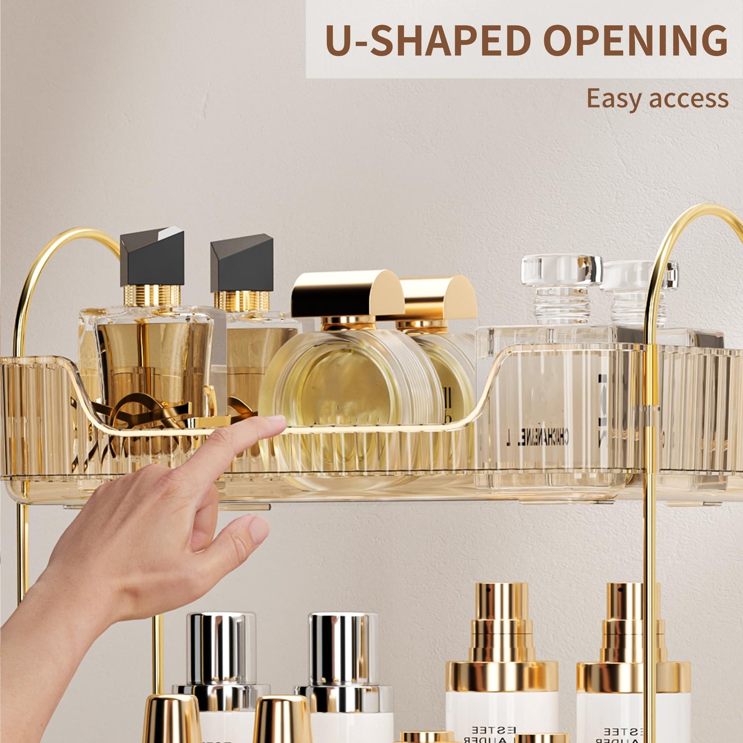 Bathroom Organiser Countertop Vanity Tray, Skincare Makeup Shelf for Cosmetics, Toiletries, Lotions, Perfumes (1 Tier, Amber)