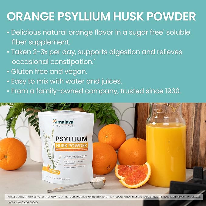 Himalaya Orange Psyllium Husk Powder, Daily Fiber Supplement for Regularity & Digestive Support, Sugar Free, Gluten Free, Vegan, No Artificial Colors, Easy-to-Mix,12 oz (340 g)