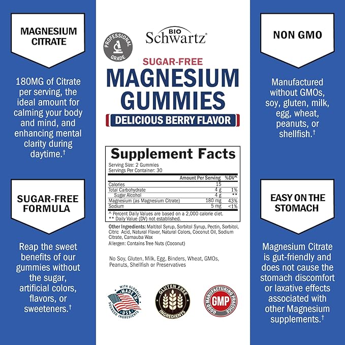 BioSchwartz Sugar Free Magnesium Gummies (30 Servings) Berry Flavored Magnesium Citrate Supplement Supports Healthy Nerves Muscles Energy Calm Mood and Sleep (Vegan Safe, Non GMO, 60 Gummies)
