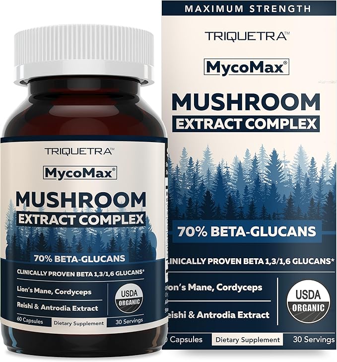 MycoMax Mushroom Complex - 70% Beta Glucans, Max Potency Mushroom Supplement, US Grown + Ultrasonic Extraction - Lions Mane, Cordyceps, Reishi & More - Cognition, Immunity, Energy - 60 capsules