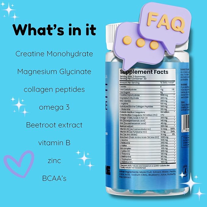 Creatine Monohydrate and Magnesium Gummies for Adults | Beta Alanine, Collagen Peptides, L-Arginine, B Vitamins | 60 Gummies