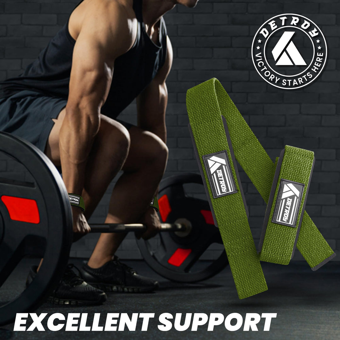 Detroy® Lifting Wrist Straps for Weightlifting, Deadlifts, Bodybuilding, Powerlifting, Gym Strength Training Workouts - Padded Neoprene with 24 inch Webbing Cotton with Silicone Grip for Men & Women (Dark Green)