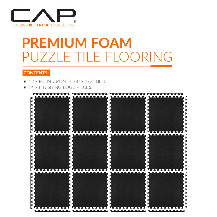 CAP Barbell 1/2-Inch Interlocking EVA Foam Exercise Puzzle Mats - 2 Pack | 24" x 24" x 1/2" | T Pattern - Black
