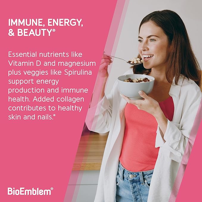 BioEmblem Women's Multivitamin - Complete Daily Multi for Immunity, Energy, Hair, Skin with Vitamin A, B12, B6, D3, Biotin, Iron, Magnesium, Collagen and Veggie Blends - Gluten Free - 90 Capsules