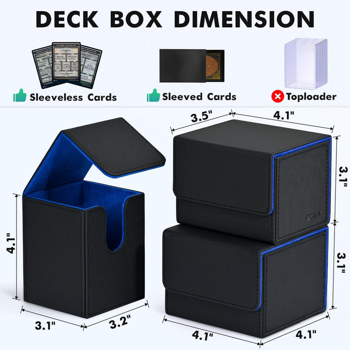 ZLCA Card Deck Box for Trading Cards, MTG YuGiOh Deck Case Holds 100+ Single Sleeved Cards, PU Leather Magnetic Card Storage Box Fits for TCG CCG Magic Game Cards (Black& Blue)