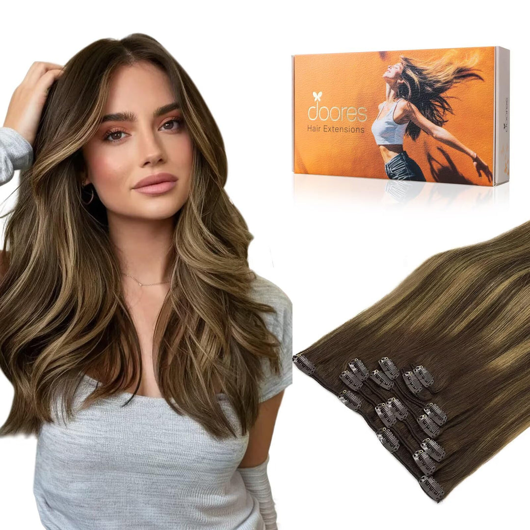 Doores Human Hair Extensions Clip In Chocolate Brown To Caramel Blonde 20 Inch 7Pcs 120G Real Hair Extensions Clip In Straight B