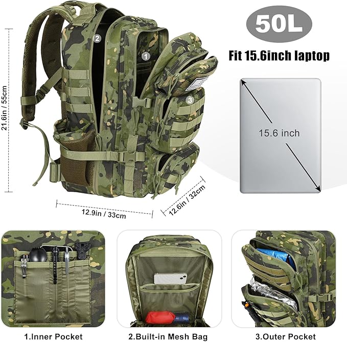 Military Tactical Backpack 50L Large Day Backpack for Men Molle Army 3 Days Assault Pack Bug Out Bag Water Resistant and Heavy Duty Hiking Treeking Rucksack - Woodland Camo