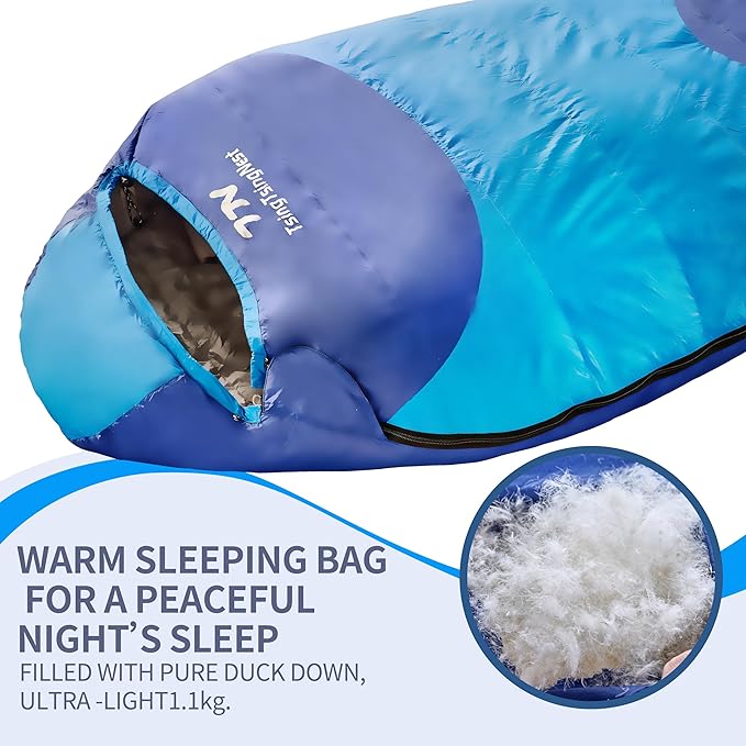 Backpacking Sleeping Bag 3 Season 20F Fill 21 Ounces of Duck Down 650Fill Power Duck Down Sleeping Bag Ultralight Camping Gear Equipment Traveling Campers and Outdoors