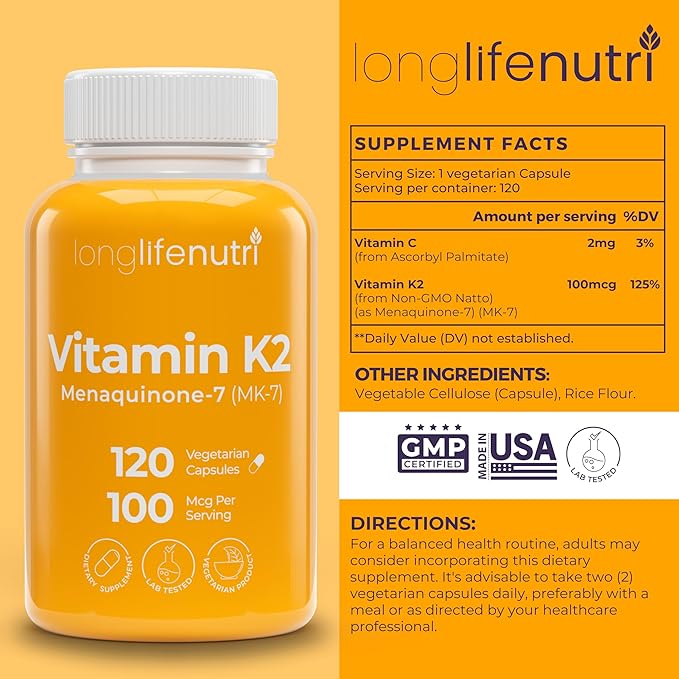 Vitamin K2 MK-7 100mcg – Nutrient Support for Bones and Circulation, 120 Vegetarian Capsules, 4-Month Supply, Lab Tested, Made in The USA, Non-GMO