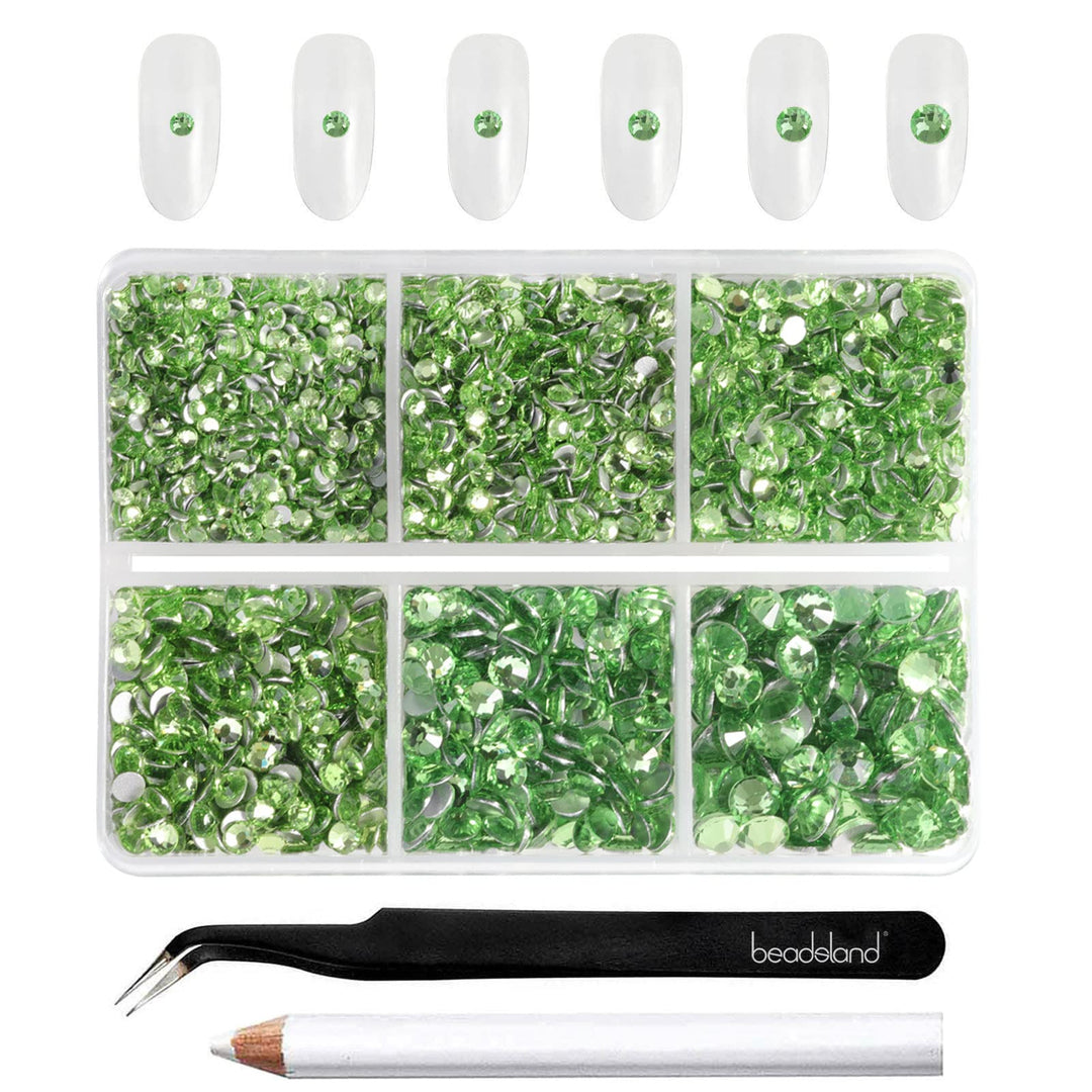Beadsland 4300Pcs Flatback Rhinestones,Light Green Rhinestones Nail Gems Round Crystal Rhinestones For Crafts,Mixed 6 Sizes With