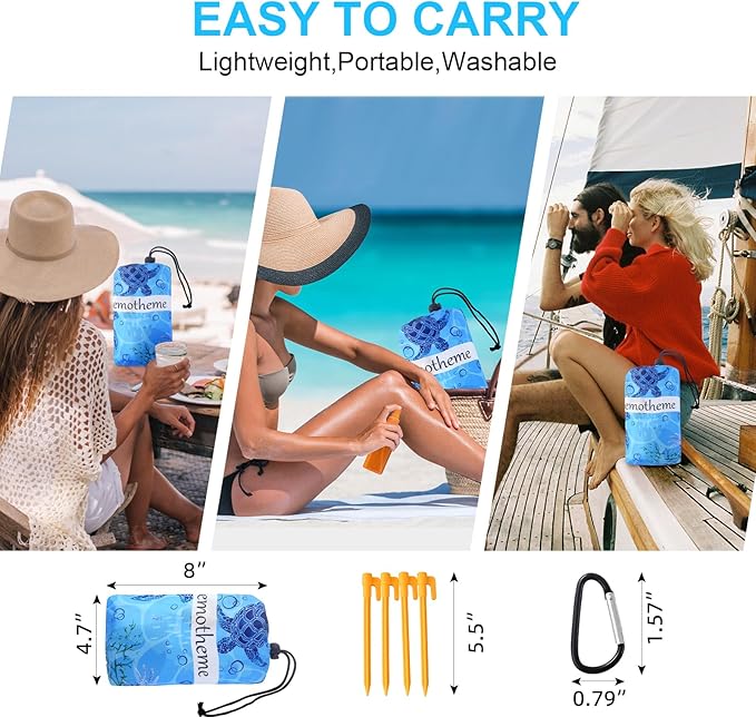 Beach Blanket, Sandproof Beach Mat 79" X 82" for 4-7 Adults, Large Waterproof Beach Blanket Quick Drying Lightweight Beach Blanket with 4 Stakes for Travel Camping Hiking (Sea Turtle)