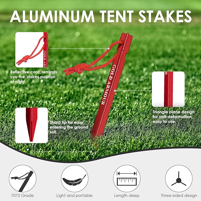 Gold Armour Tent Stakes - 12 Pack Heavy Duty, Lightweight, Camping Stakes Pegs for Outdoor Tent and Tarp, Essential Camping Gear Equipment Accessories (Red)