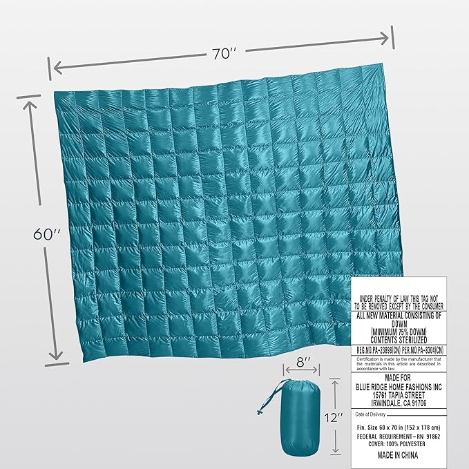 Blue Ridge Home Fashions Down Throw Camping Blanket - Packable Lightweight Down Throw Blanket for Outdoor Travel Hiking Picnic RV, Puffy Warm Blanket 60" x 70" with Carry Bag, 650 Fill Power