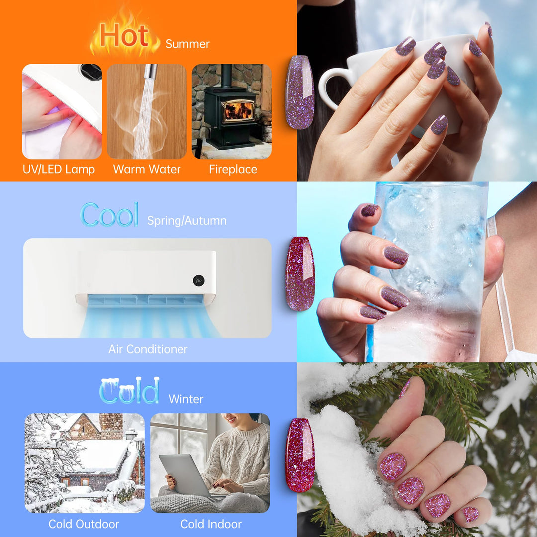 YTD Likomey Brocade Glitter Color Changing Gel Nail Polish,15ml Light Purple To Jujube Red Shimmer Mood Temperature Change Colors Iridescent Flakes,Spring Summer Thermal UV Nail Gel,WB340