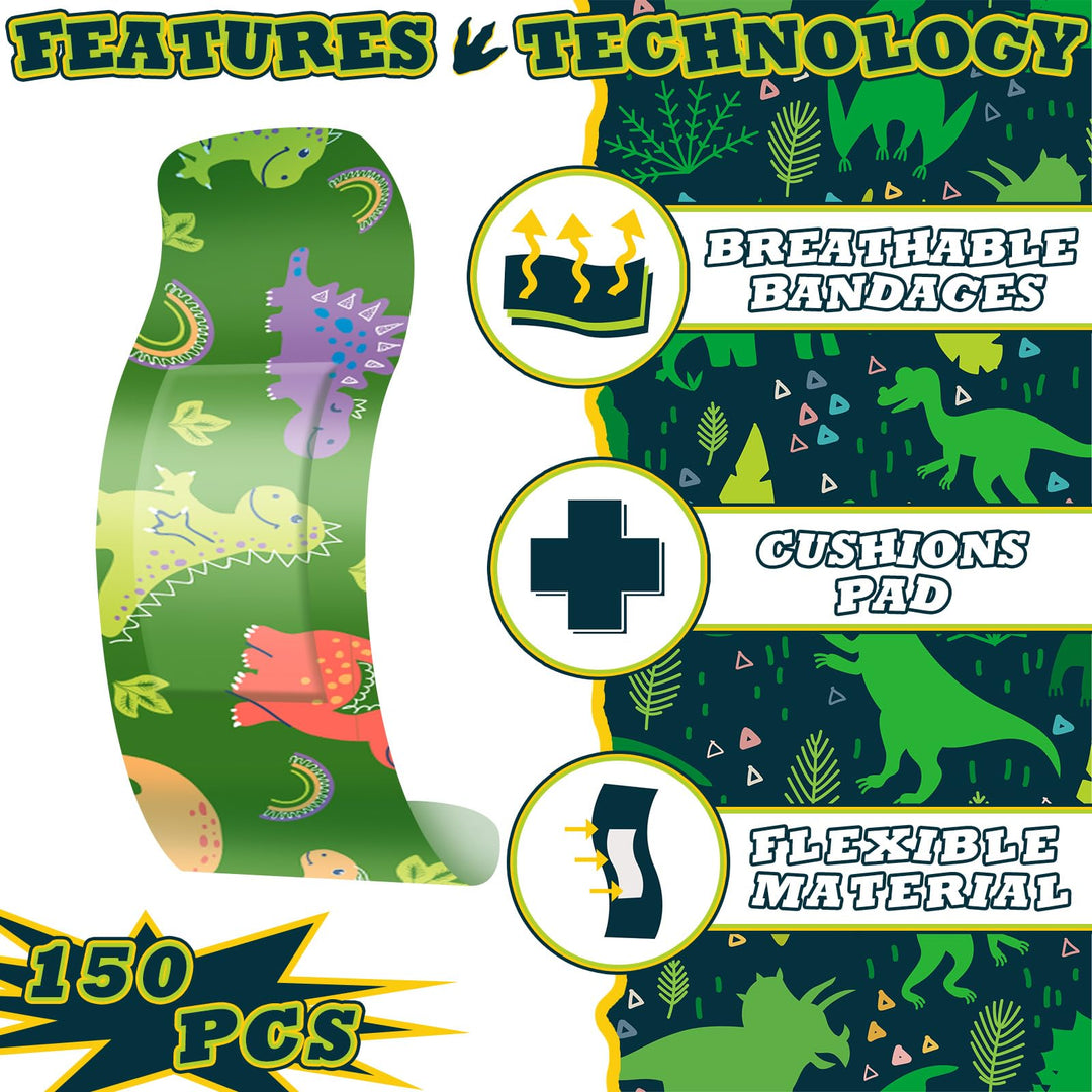 Estune 150 Pcs Bulk Kids Bandages Dinosaur 15 Styles Fun Children's Adhesive Bandages Colorful PE Flexible Bandages Cartoon Bandages for Kids Boys Girls Students