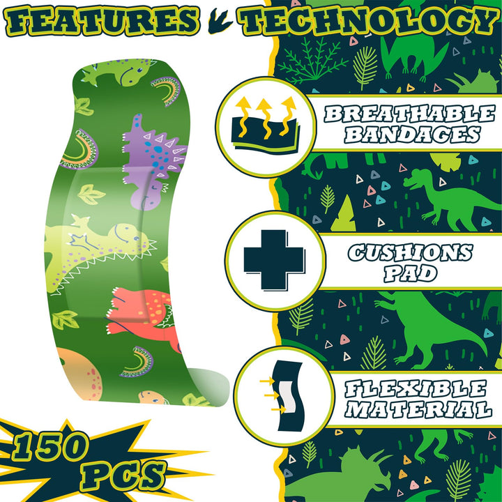 Estune 150 Pcs Bulk Kids Bandages Dinosaur 15 Styles Fun Children's Adhesive Bandages Colorful PE Flexible Bandages Cartoon Bandages for Kids Boys Girls Students