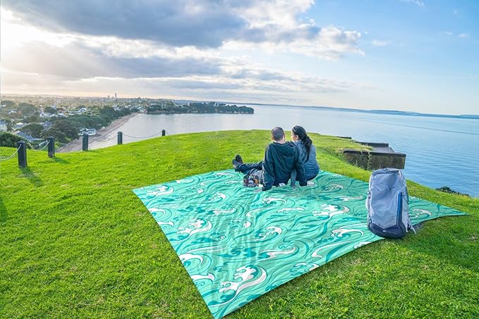 WEKAPO Beach Blanket Waterproof Sandproof Oversized Extra Large Sand Free Beach Mat with Stakes, Storage Bag - Essentials for Outdoor Beach, Picnic (Turquoise Ocean Waves, 8 X 7 FT (1~4 Person))