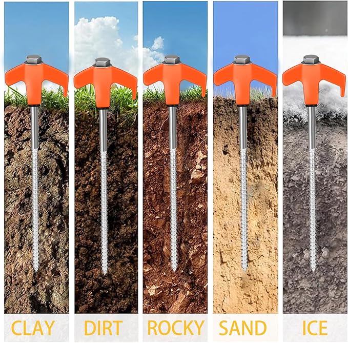 8" Screw in Tent Stakes 12PCS - Ground Anchors Screw - Screw in Tent Stakes Heavy Duty- Tent Pegs Camping Stakes- Hex Pegs Drillable Tent Stakes and Hexagon Head Drive and Storage Box (Orange)