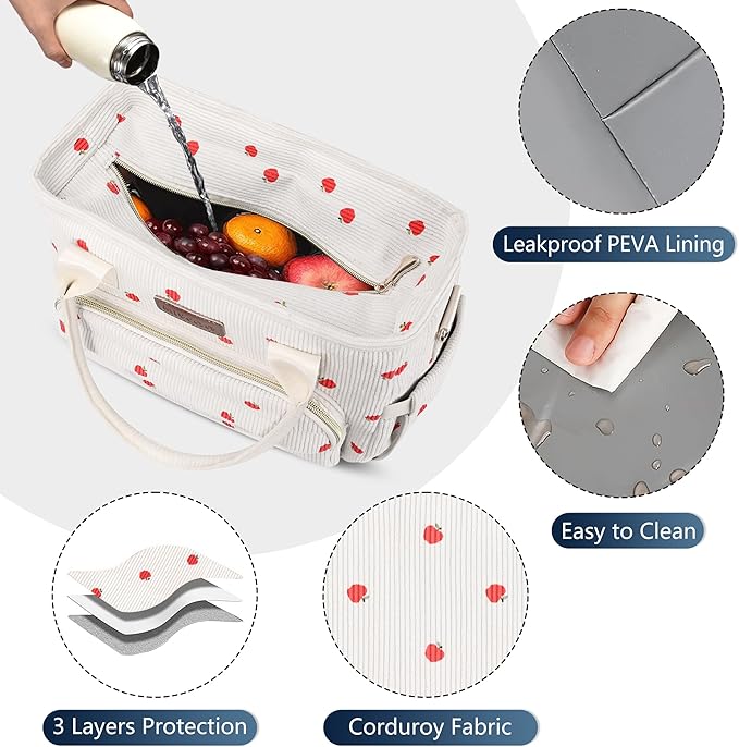 Lunch Bag Lunch Box Women - Leakproof Insulated Lunch Cooler Bag for Women - Large Lunch Tote Bags Adults, Corduroy Apple