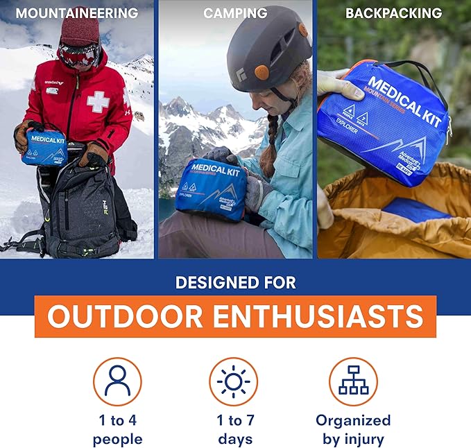 Adventure Medical Kits Mountain Series Medical Kit - Explorer - Emergency Medical First Aid Kit - For 4 People for 7 Days - Comes with a Trauma Pad, Medicine, Guide Book & More