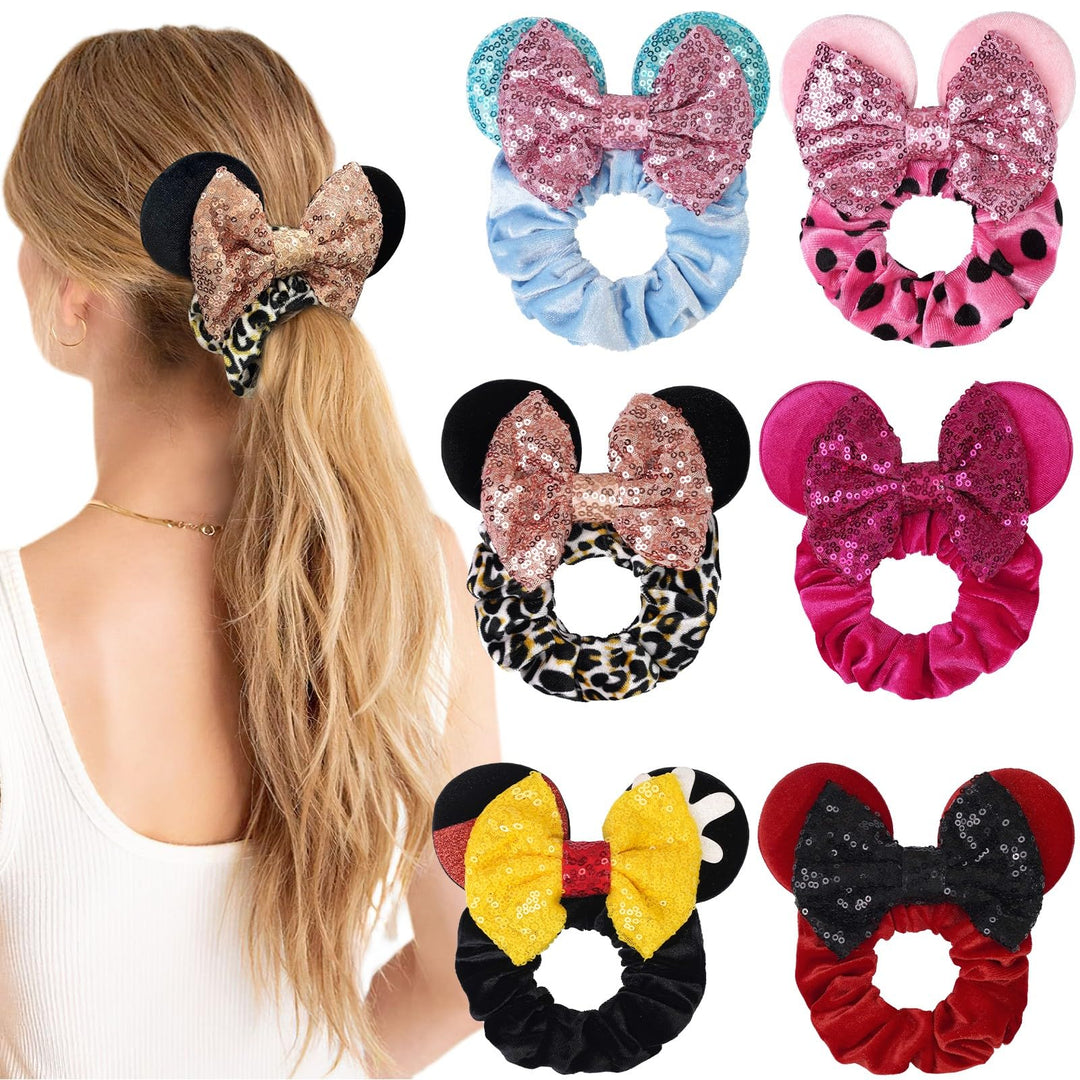 6 Pack Mouse Ears Scrunchies Velvet Scrunchies Sparkle Sequin Mouse Bows Hair Scrunchies Hair Ties Elastic Rubber Bands Ponytail Holders for Kids Women Girls Christmas Party Decoration