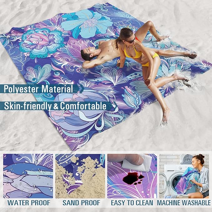 Beach Blanket Sandproof Waterproof 78''×81''1-5Adults Oversized,Compact Lightweight Durable Beach Mat for Travel Camping Hiking Picnic Blanket