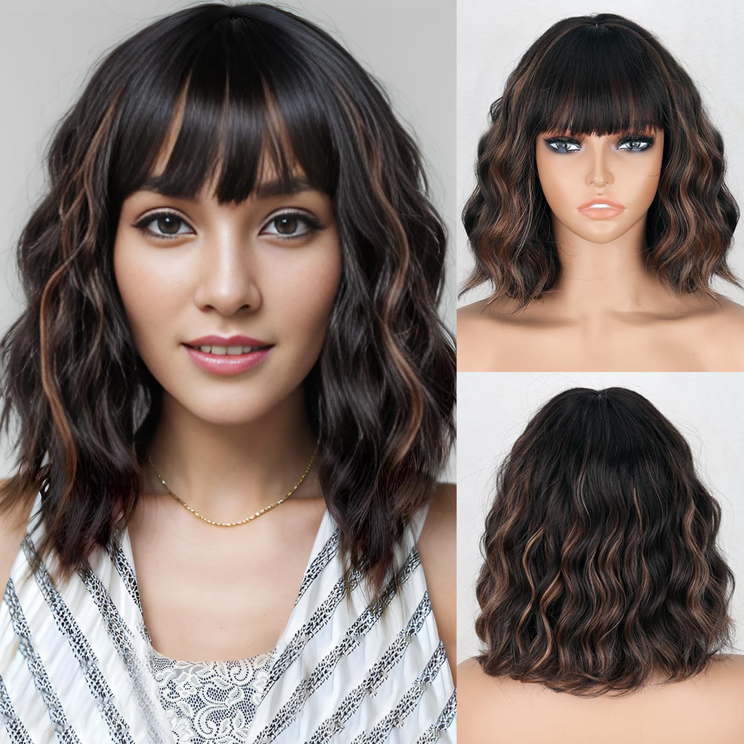 Missqueen Black Mixed Brown Wigs Short Wavy Curly Wig With Bangs Shoulder Length Synthetic Hair Wigs Heat Resistant Fiber Wig Fo