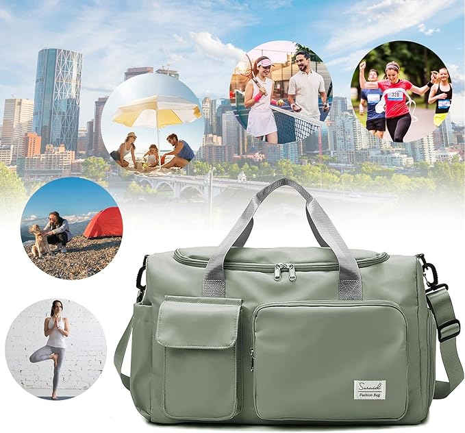 Travel Duffel Bag with Shoes Compartment Sports Gym Bag with Dry Wet Separated Pocket for Men and Women, Overnight Bag Weekender Bag Training Handbag Yoga Bag - Dark Green