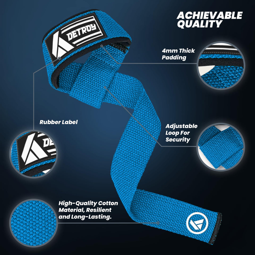 Detroy® Lifting Wrist Straps for Weightlifting, Deadlifts, Bodybuilding, Powerlifting, Gym Strength Training Workouts - Padded Neoprene with 24 inch Webbing Cotton with Silicone Grip for Men & Women (Blue)