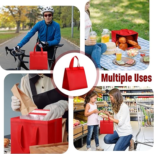 50 Pcs Insulated Take Away Bags Bulk Thermal Insulation Food for Coffee Milk Tea Hot Cold Food Fresh Seafood Cooler Pizza Delivery Bags for Catering Restaurant Grocery (Red)