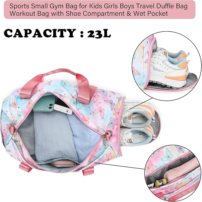 Butterfly Girls Sports Duffle Bag with Wet Pocket, Shoe Compartment & Overnight Travel Bag (Pink)
