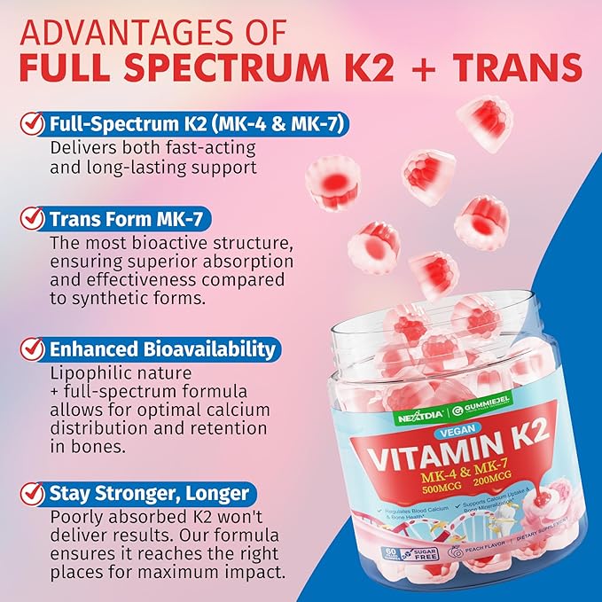 Vitamin K2 Gummies MK-7 200 mcg & MK-4 500 mcg for Women & Men Sugar Free, Perfect 2-IN-1 Full Spectrum Vitamin K2 Supplement for Bone, He❤rt, Promotes Calcium Absorption, Brain, Teeth, Immune,1Pack