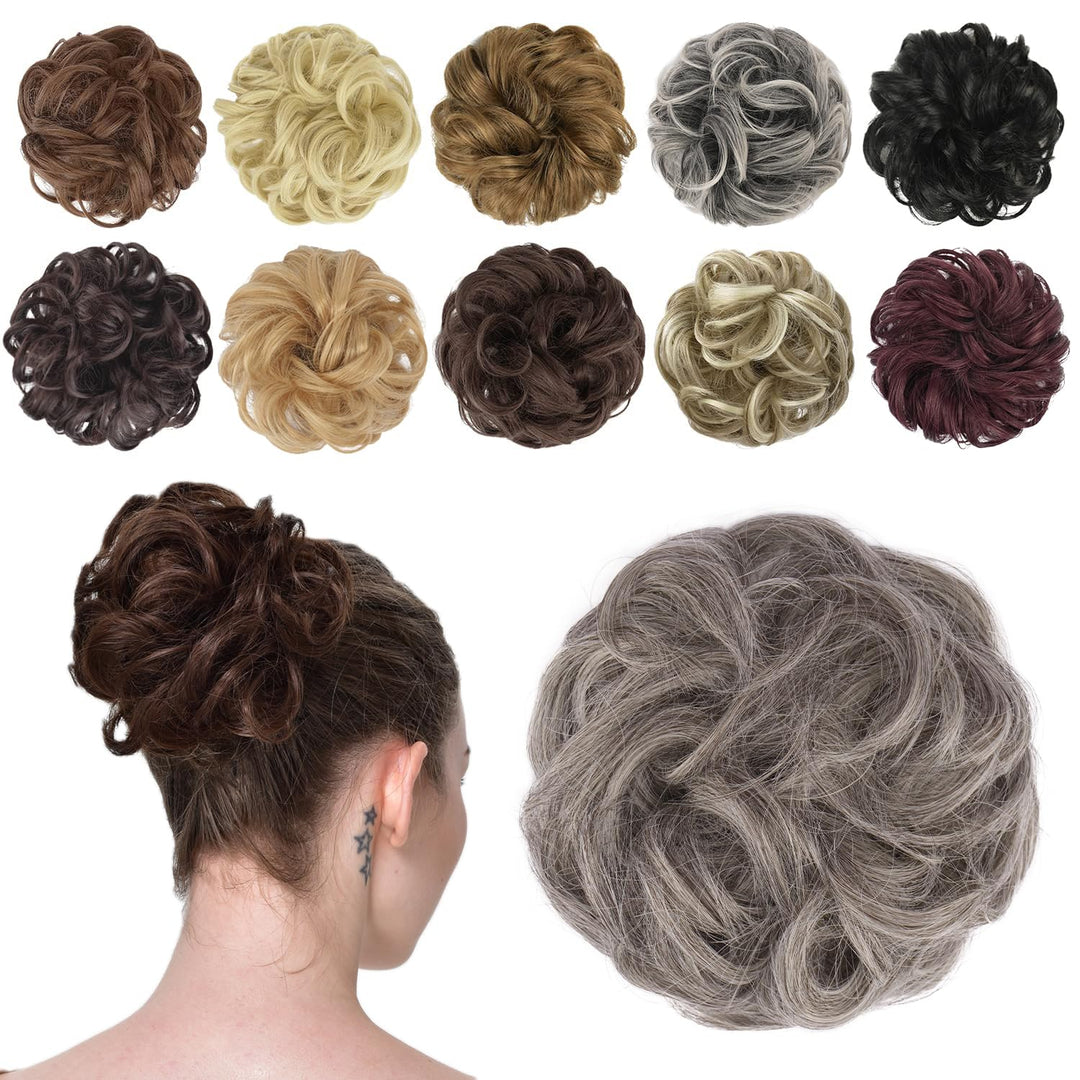 FESHFEN Messy Bun Hair Piece - Elastic Wavy Curly Hair Bun Scrunchies Extensions Synthetic Chignon Hairpieces for Women Girls, Salt and Pepper 1 PCS