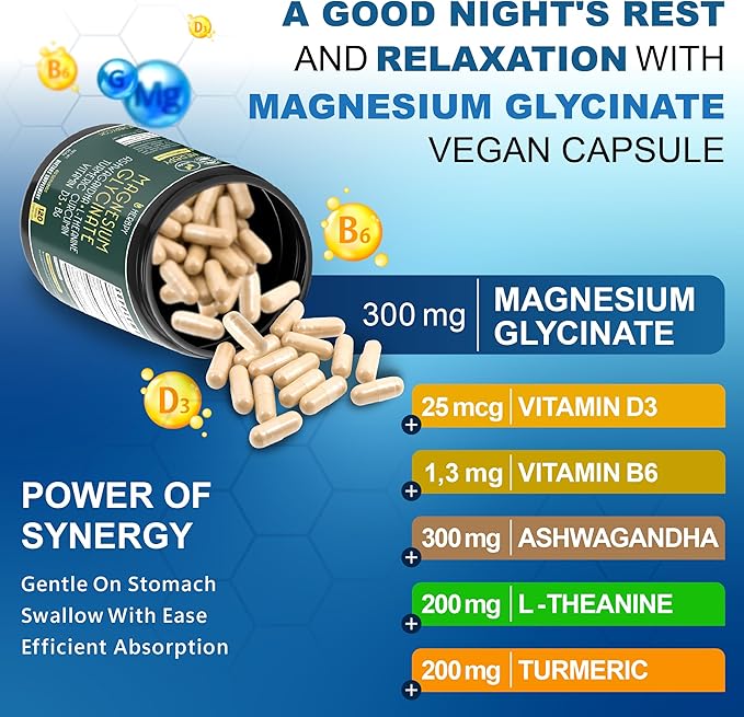 6in1 Restful Day and Night Supplement with Magnesium Glycinate, Vitamin D3, B6, L-Theanine, Ashwagandha and Turmeric Root - Brain, Heart and Digestive Health Support - 120 Vegan Capsules