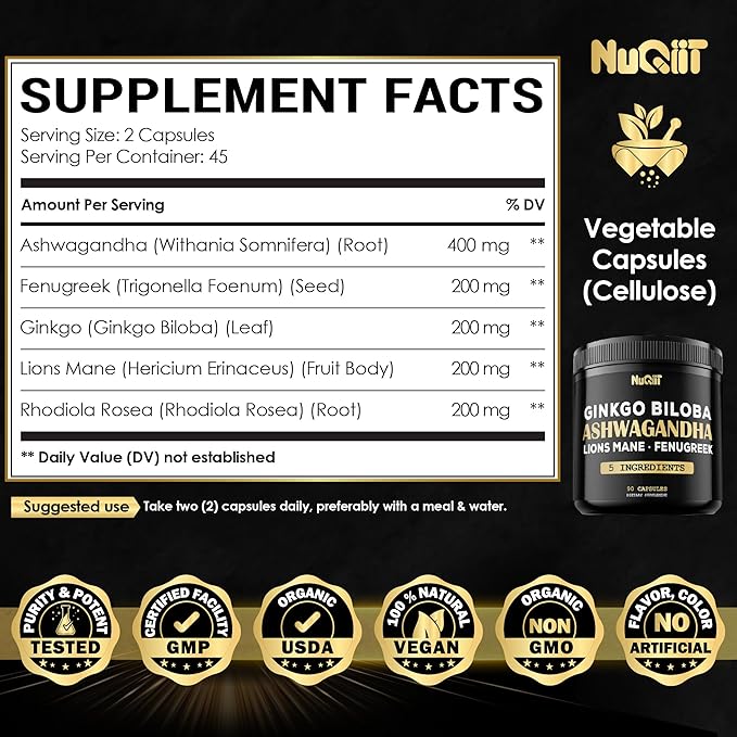 Ashwangdha Capsules 4000mg Fenugreek Seed 2000mg Ginkgo Biloba 2000mg & More - Apple Cider Vinegar, Bladderwrack - Support Brain Health, Comfortable Mind & Immune System - 90 Vegan Capsules