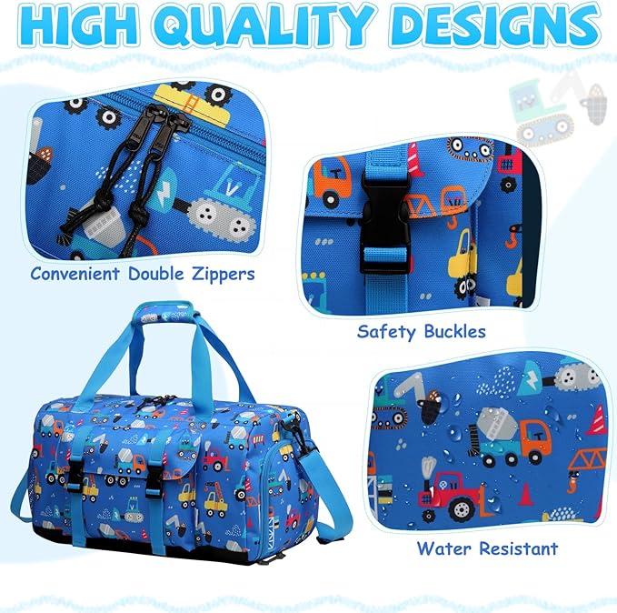 Kids Overnight Duffle Bags,Kasqo Boys Travel Bag Water Resistant Sports Gym Duffel Bag for Teens Girls Sleepover Bag Weekender Carry On Tote with Shoes Compartment Dry Wet Pocket,Blue Cars