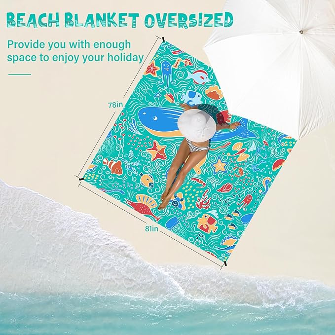 Beach Blanket Waterproof Sandproof 1-7 Adult Oversized 78 '' × 81 '' Lightweight Durable Compact Sand Free Beach Mat for Travel Camping Hiking Picnic Blanket Extra Large