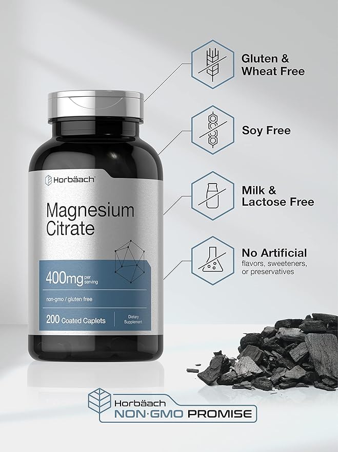Horbäach Magnesium Citrate | 400mg | 200 Caplets | Vegetarian, Non-GMO, and Gluten Free Supplement