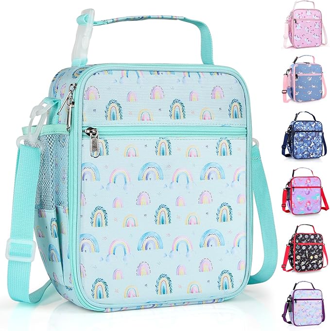 Kids Insulated Lunch Box Bag, Thermal Picnic Cool Bags with Adjustable Strap for Adults Children Women Men Boys Girls School Work (LakegreenRainbow)