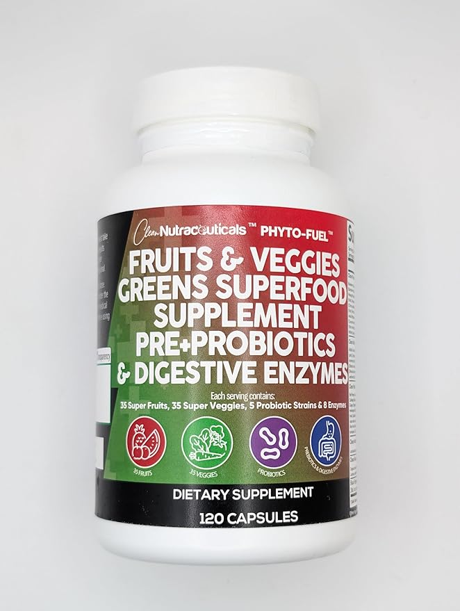 Clean Nutraceuticals Fruits and Veggies Supplement Reds & Green Superfood - Balance of Over 70 Fruit & Vegetable Supplements Capsules with Probiotics Prebiotics Digestive Enzymes - 120 Ct USA