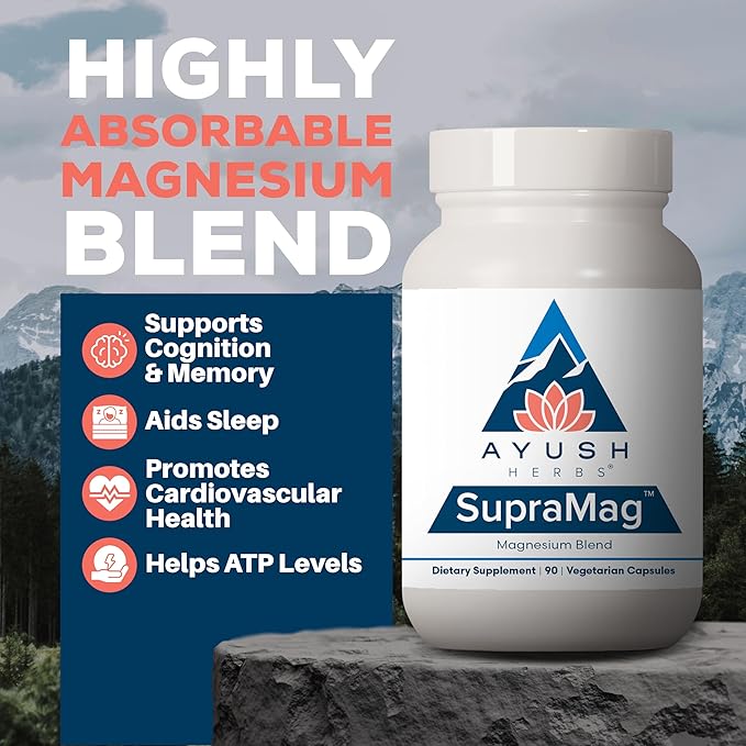 Ayush Herbs SupraMag - Magnesium Blend, 400mg Magnesium Complex Supplement with Chelated Magnesium Bisglycinate, Citrate, Ororate for Sleep, Energy, & Brain Health - 90 Vegetarian Capsules (1 Count)