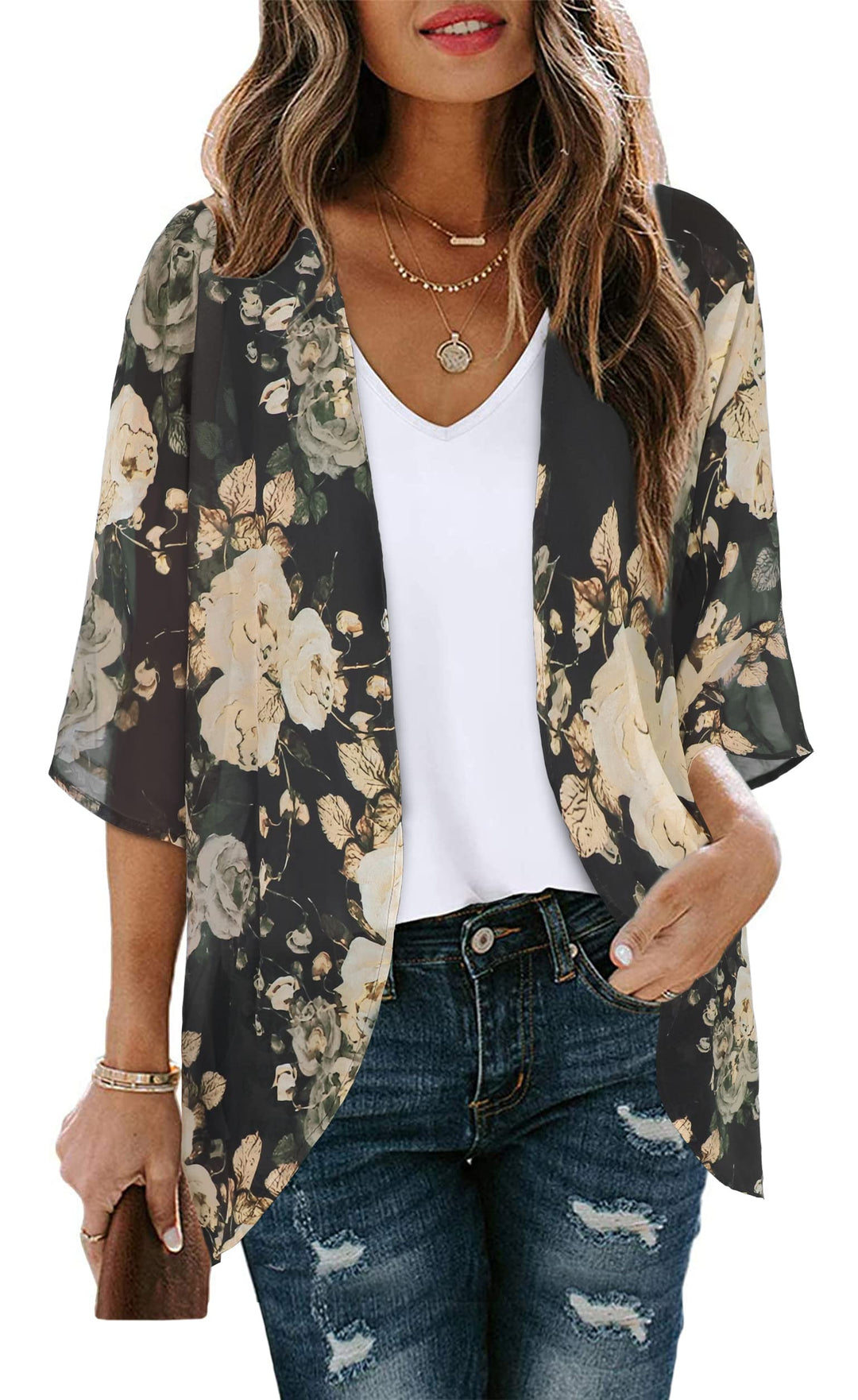 Womens Floral Tops Short Sleeve Casual Summer Loose Cover ups Shirts (Black Khaki Floral, S)
