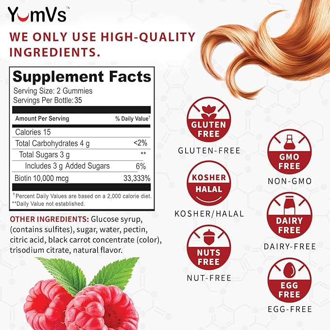 Biotin 10000 mcg Maximum Potency Gummies by YumVs | for Adults Women & Men | Hair, Skin & Nails Support | Natural Raspberry Flavor - 70 Count